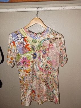Floral Paisley Short Sleeve Women's Top - Pink Multi